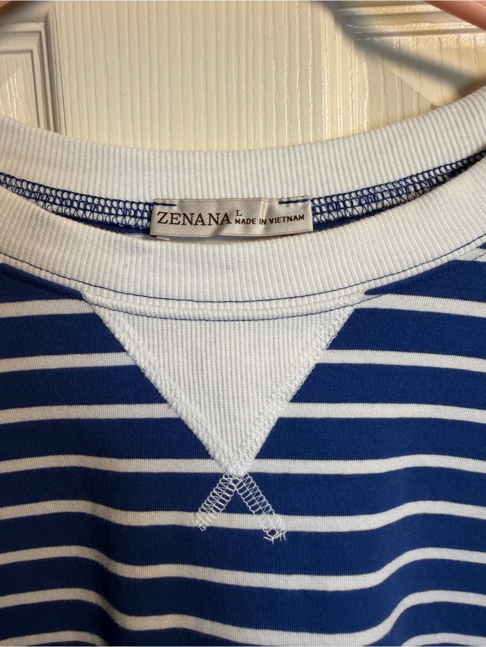 Women’s Zenana Blue & White Striped Crewneck Sweatshirt, size Large - Picture 6 of 10
